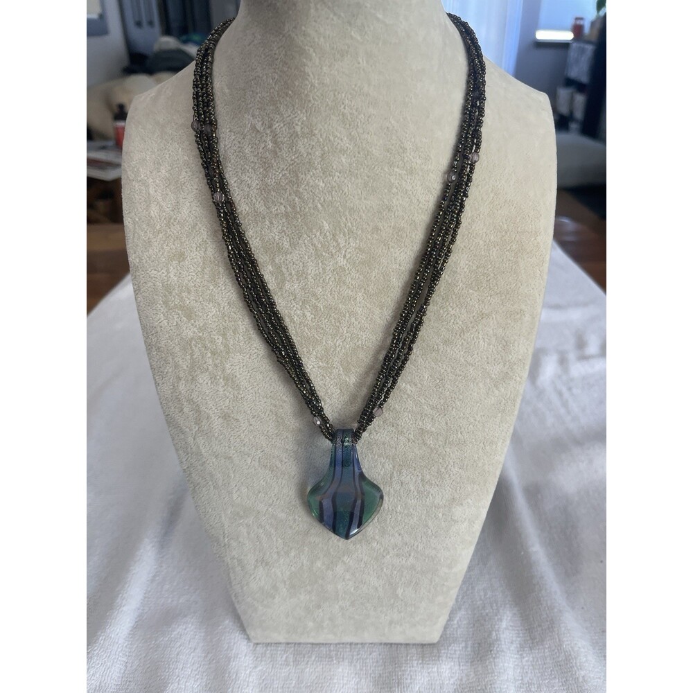 Studio‎ Art Glass Pendant Necklace Blue Green Striped Multi Strand Seed Beads